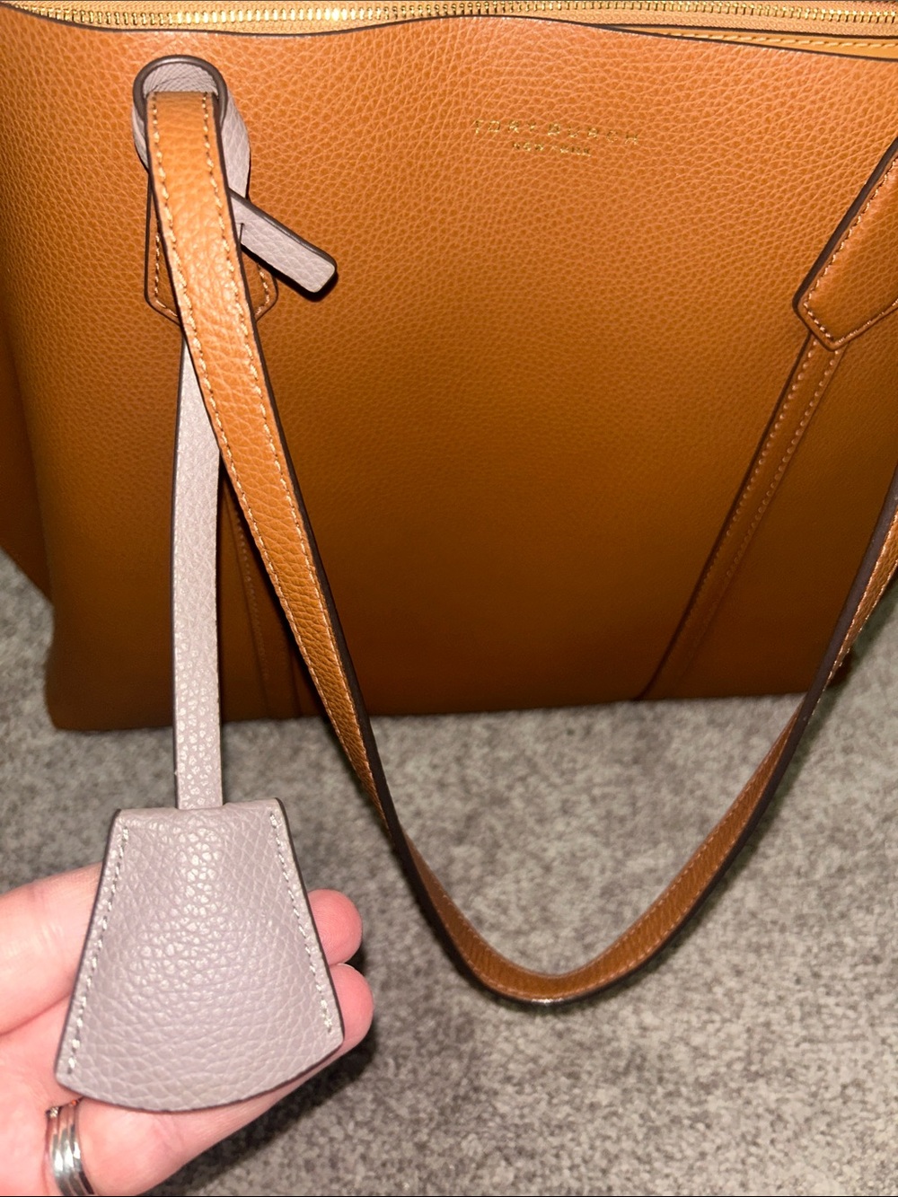 Tory Burch Cognac Pebbled Leather Tote with Taupe Tag Accents - Picture 13 of 14